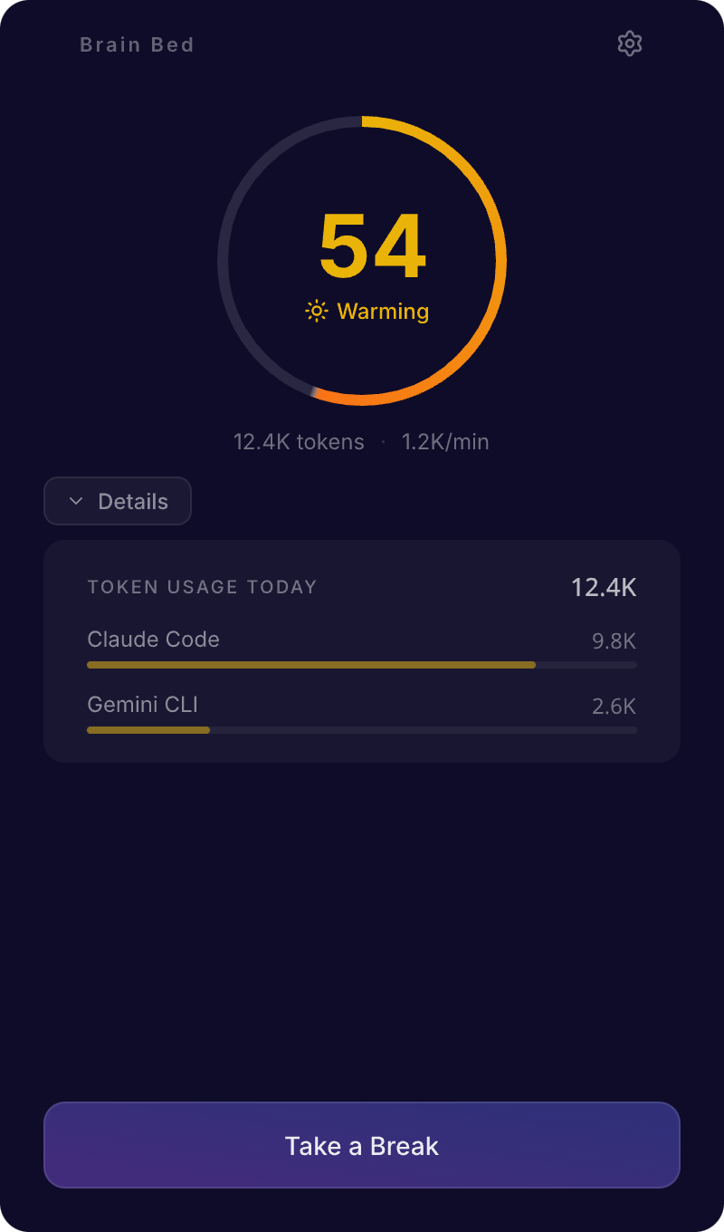 Brain Bed Dashboard — BFI gauge showing Warming state